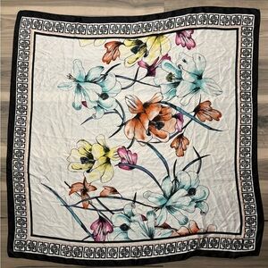Chico's Square Scarf Floral Orange Pink Yellow Teal White Black Border